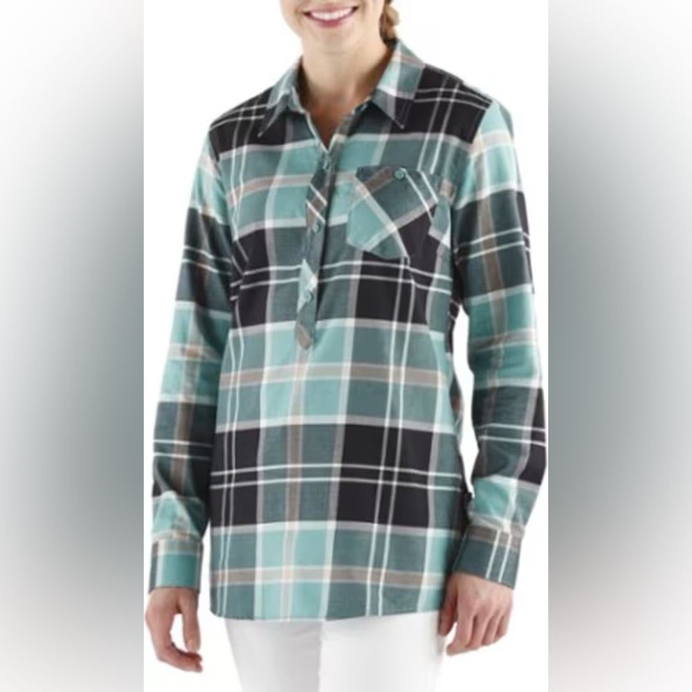 Patagonia Featherstone Plaid Tunic in Sugar Pine & Mogul Blue - Size Small